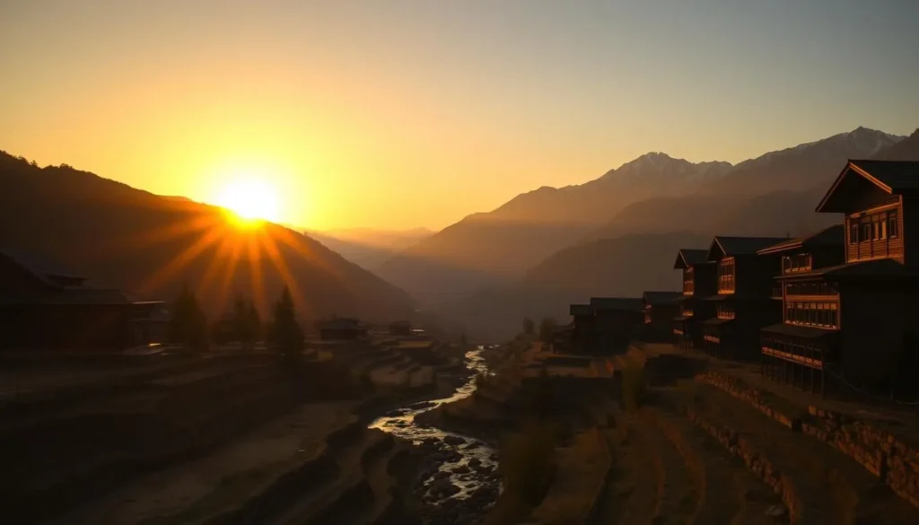 Sunset over the Kalasha Valleys with traditional houses silhouetted against the golden light on the Hindu Kush mountains