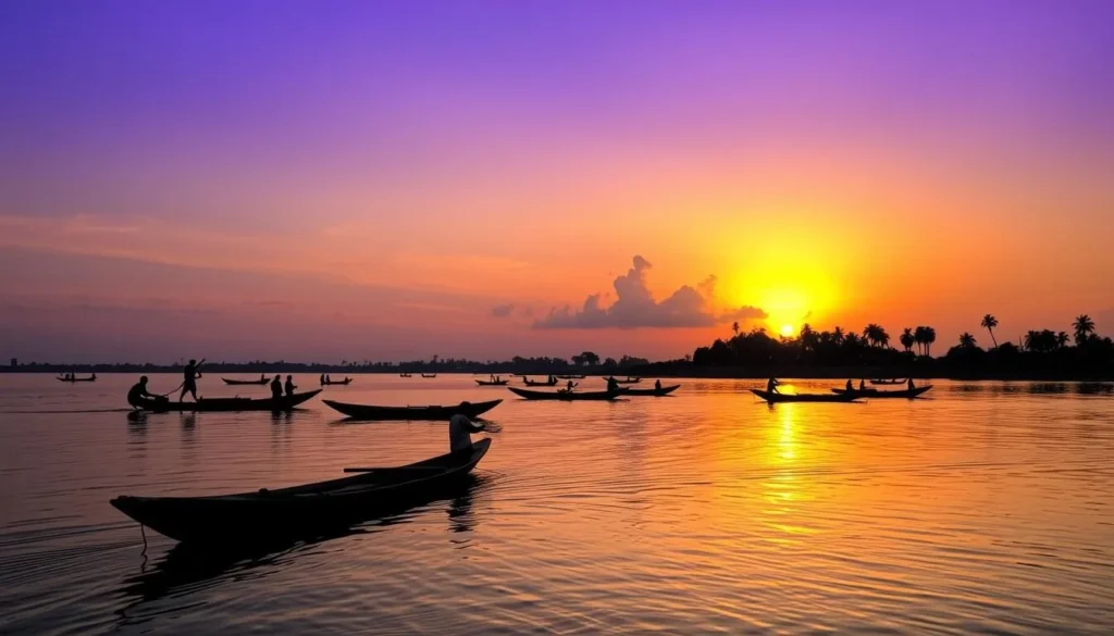 Sunset over the Kirtankhola River with silhouettes of traditional boats