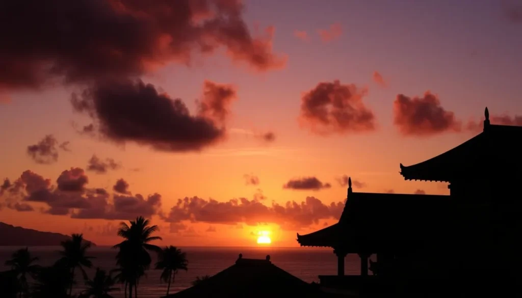 Sunset over the Yaeyama Islands with silhouettes of palm trees and traditional Ryukyuan architecture Sunset over the Yaeyama Islands with silhouettes of palm trees and traditional Ryukyuan architecture
