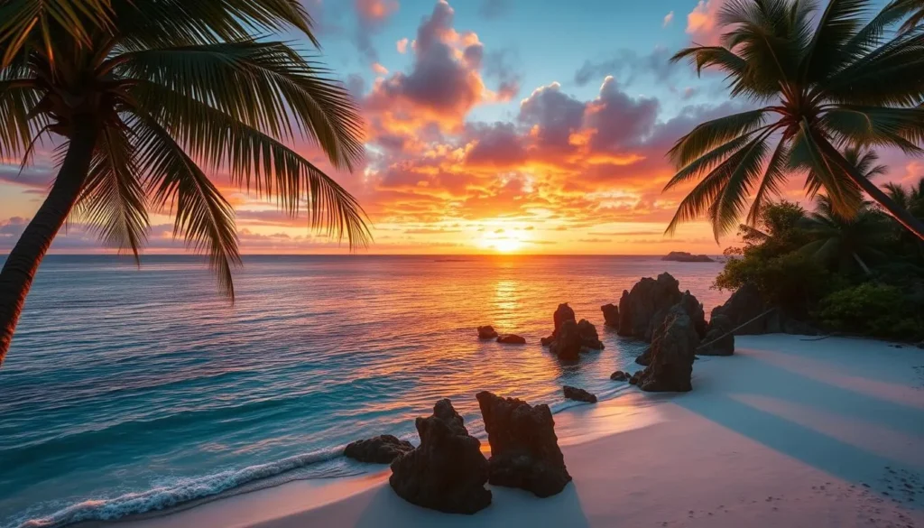 Sunset over the lush, tropical Ilha de Boipeba, Brazil. A breathtaking landscape where the vibrant oranges and pinks of the fading sun melt into the tranquil, turquoise waters of the Atlantic Ocean. Coconut palms sway gently in the evening breeze, their silhouettes framing the serene scene. Jagged rock formations jut out from the shoreline, casting long shadows across the pristine, white-sand beaches. The warm, golden light casts a magical glow, highlighting the island's natural beauty. Capture the essence of this picturesque paradise, a true photographer's dream.