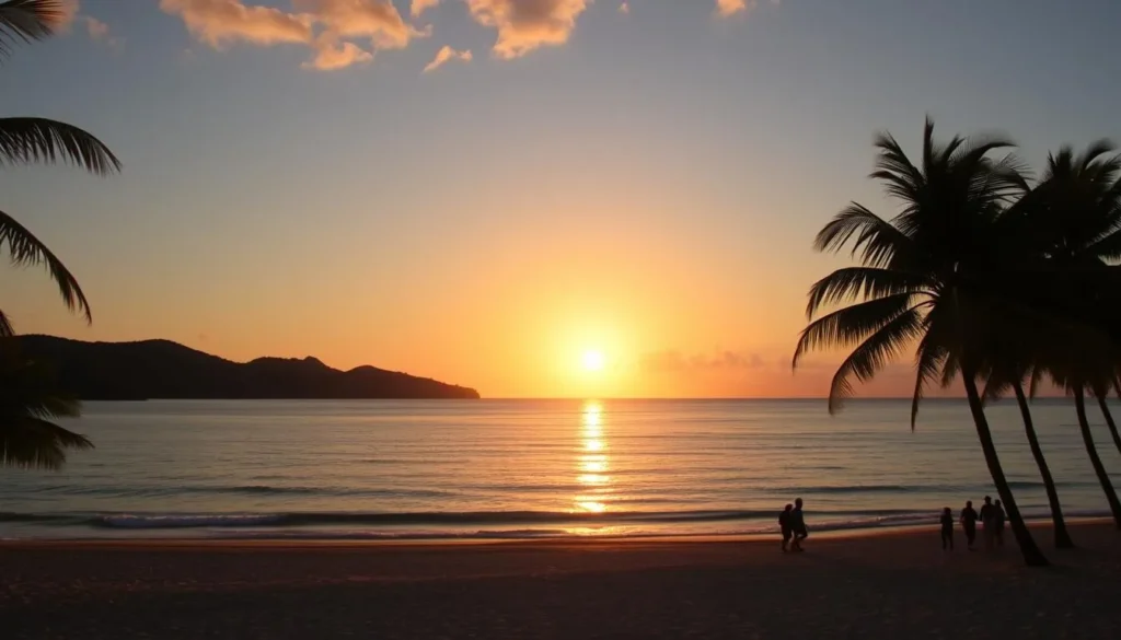 Sunset over the picturesque Praia Grande on Brazil's Ilha do Japones. The warm, golden rays of the setting sun paint the tranquil ocean in shimmering hues of orange and pink, reflecting off the gently lapping waves. In the foreground, a sandy beach lined with swaying palm trees provides a serene, tropical backdrop. In the middle ground, silhouetted figures stroll along the shoreline, taking in the breathtaking view. The background features lush, verdant hills rising up in the distance, creating a breathtaking landscape. Capture the idyllic, picturesque atmosphere of this stunning seaside destination during the "golden hour" with a wide-angle lens.