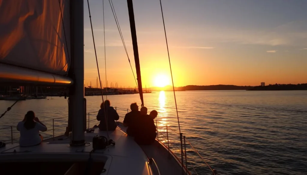 Sunset sailing cruise in Marina del Rey with people enjoying views of the harbor, one of the best things to do in Marina del Rey, California