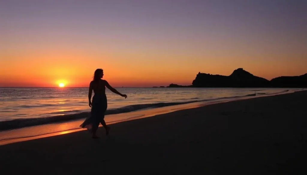 Sunset silhouette of couple walking along Crocus Bay beach in Anguilla