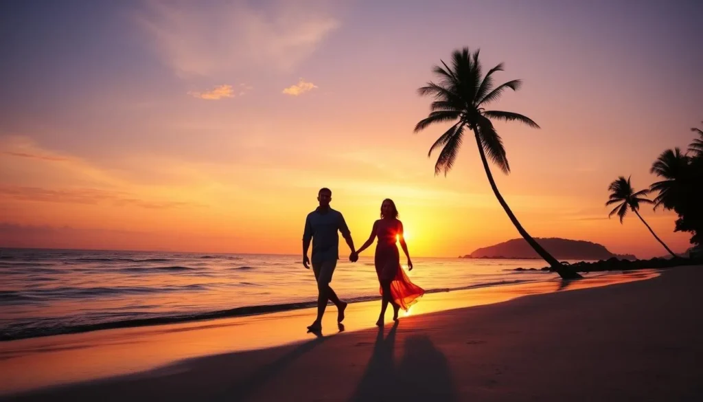 Sunset silhouette of couple walking on beach in Samal Island Philippines Sunset silhouette of couple walking on beach in Samal Island Philippines