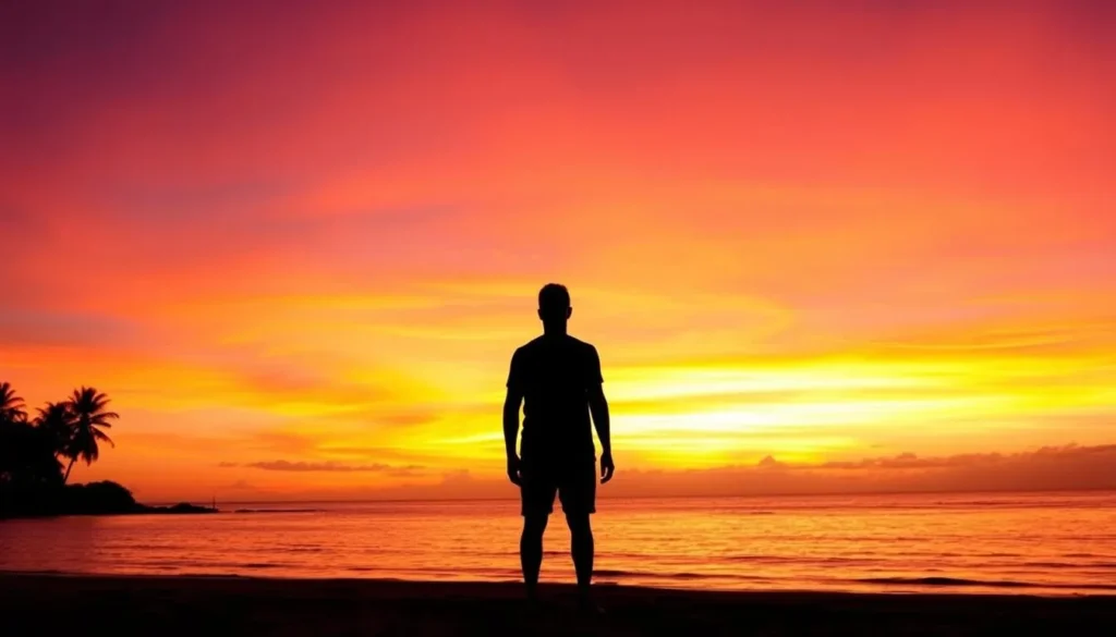 Sunset silhouette of person standing on Linapacan beach looking at the horizon