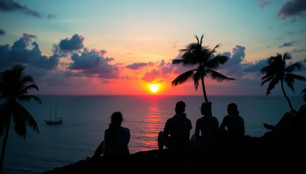 Sunset silhouette of travelers enjoying the view from Poro Island cliff