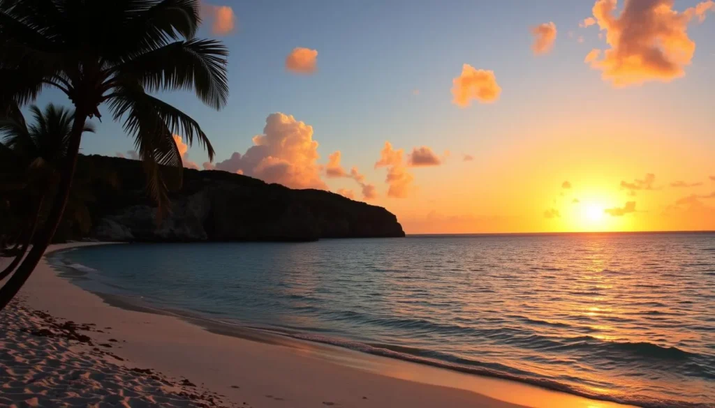 Sunset view at Crocus Bay, Anguilla with golden light reflecting on the water