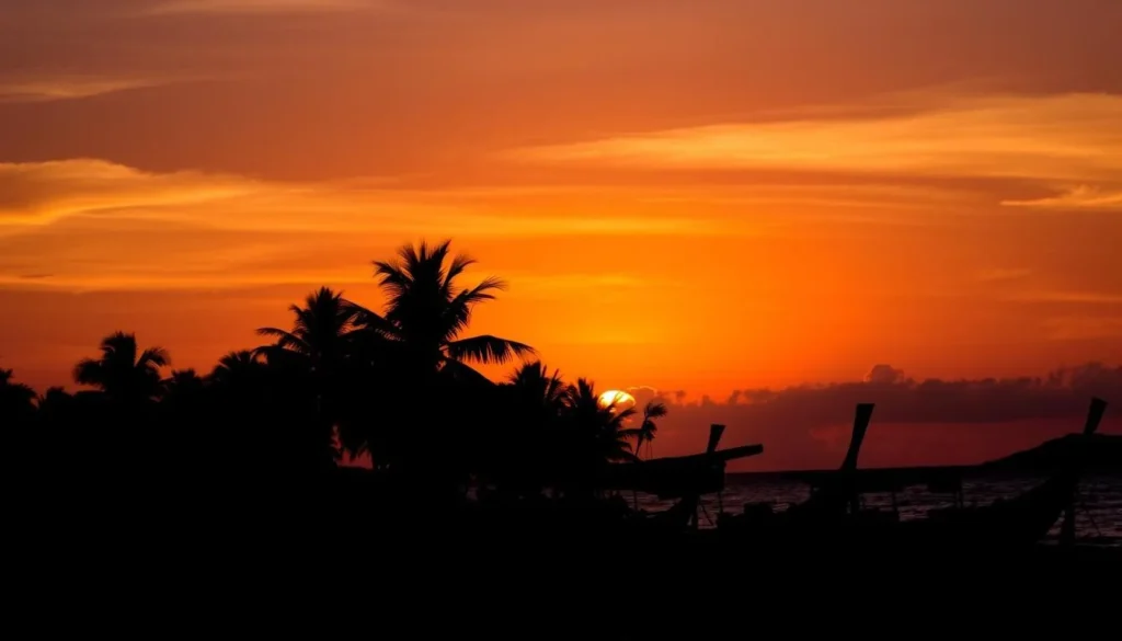 Sunset view from Apo Island beach with silhouettes of palm trees and traditional boats Sunset view from Apo Island beach with silhouettes of palm trees and traditional boats