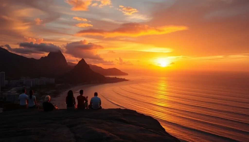 Sunset view from Arpoador with silhouettes of people watching the sun set over Ipanema Beach