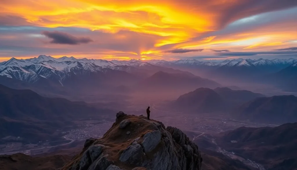 Sunset view from Eagle's Nest viewpoint in Hunza Valley showing panoramic mountain views