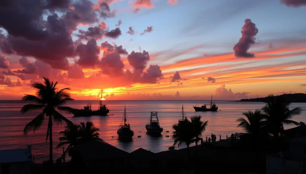 Sunset view from Island Harbour with boats silhouetted against the colorful sky