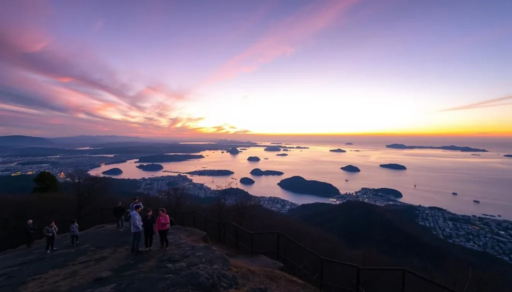 Sunset view from Mt. Yashima overlooking the Seto Inland Sea with islands in the distance Sunset view from Mt. Yashima overlooking the Seto Inland Sea with islands in the distance