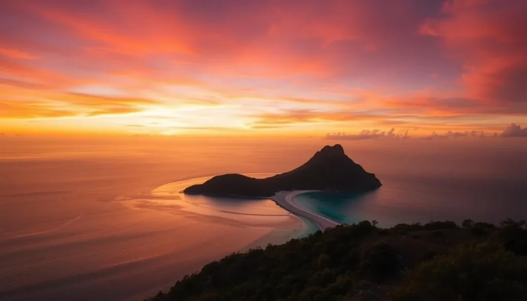 Sunset view from Sambawan Island's viewpoint with golden hour light illuminating the curved coastline and surrounding waters
