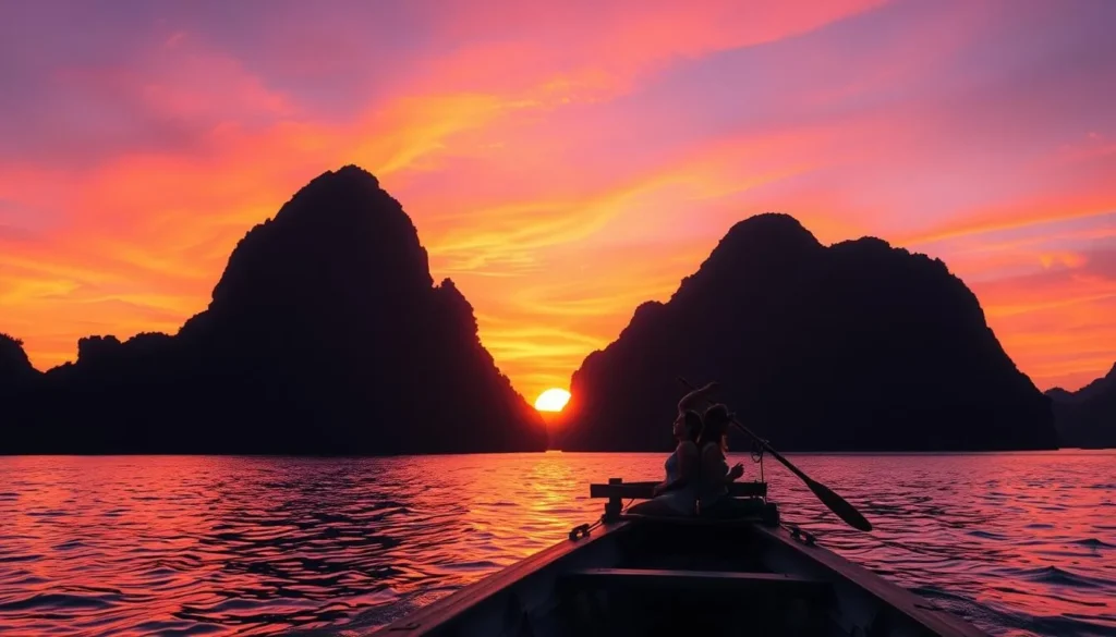 Sunset view from a boat in Coron Bay with silhouettes of limestone islands creating a magical atmosphere