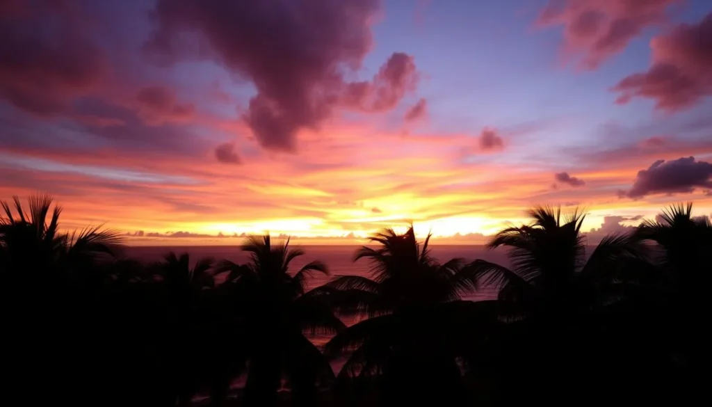 Sunset view from the Malapascua Lighthouse with silhouettes of palm trees against an orange sky Sunset view from the Malapascua Lighthouse with silhouettes of palm trees against an orange sky