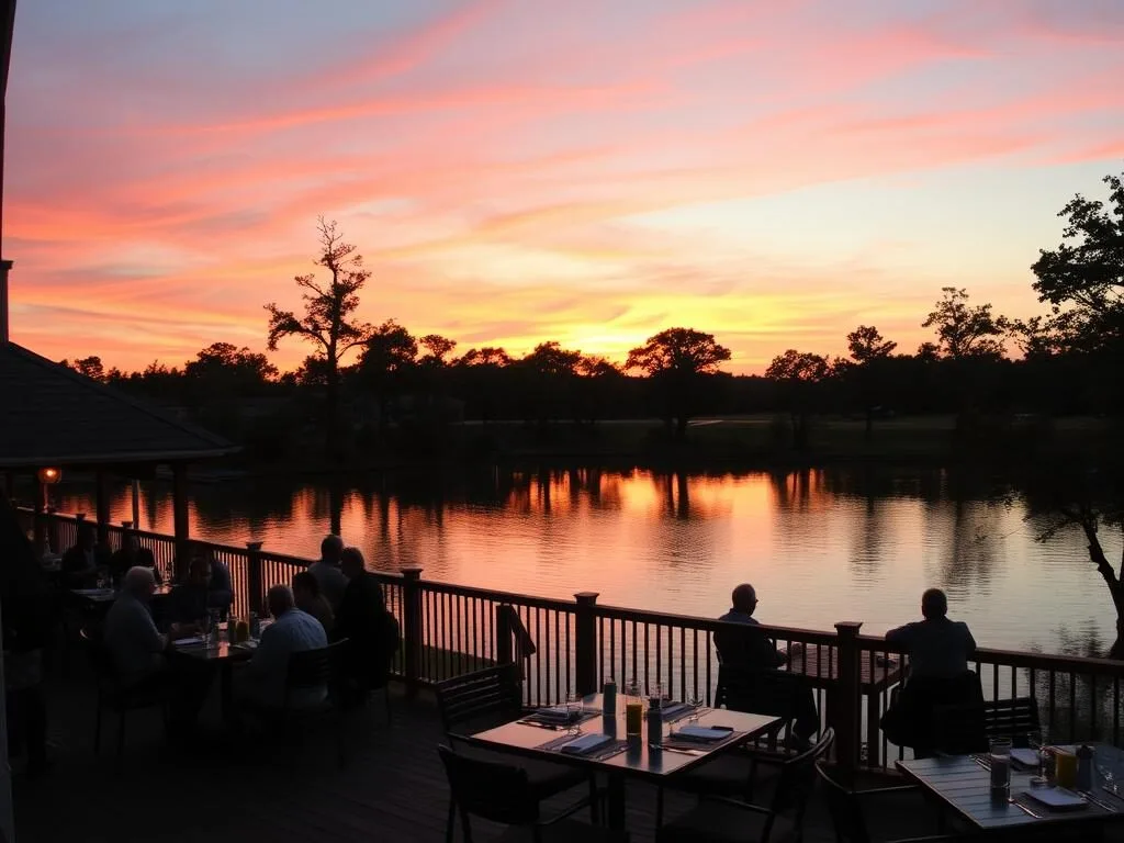 Sunset view from the deck of Boat House Restaurant overlooking Reelfoot Lake
