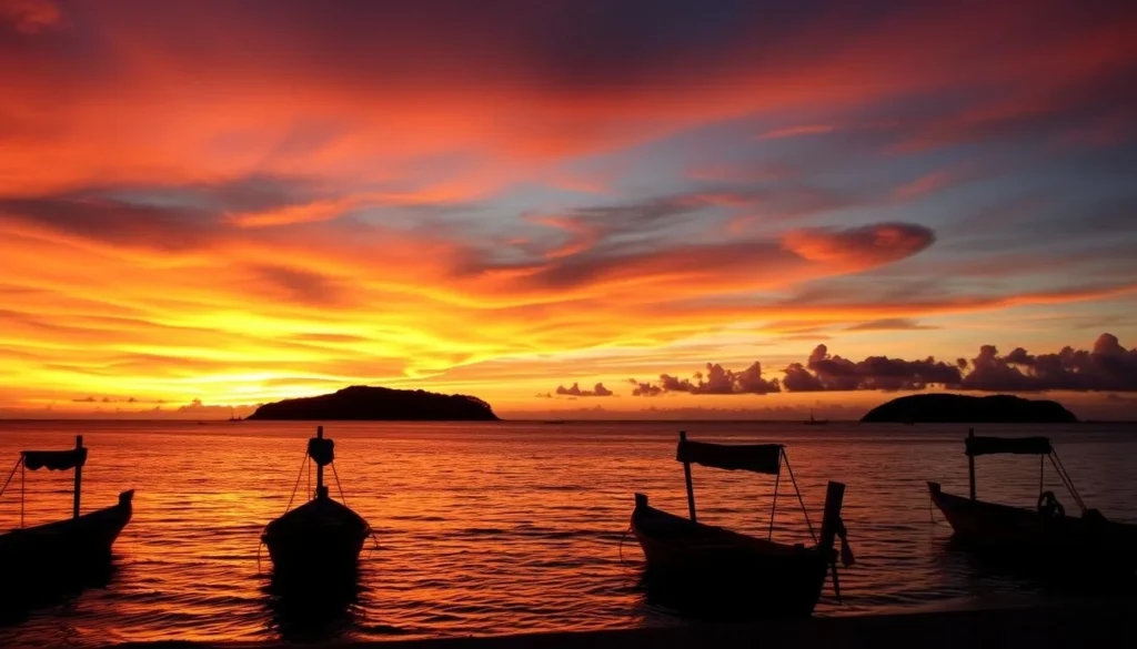 Sunset view near Mantigue Island Philippines with boats silhouetted against orange and purple sky Sunset view near Mantigue Island Philippines with boats silhouetted against orange and purple sky
