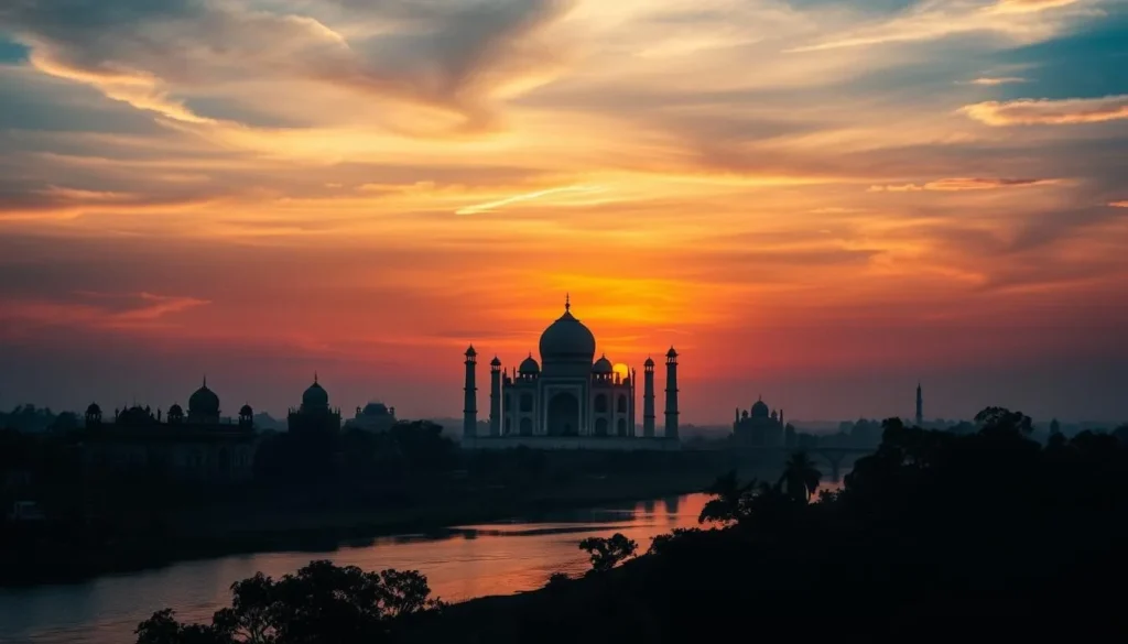 Sunset view of Agra skyline with the Taj Mahal silhouette and Yamuna River, capturing the city's magical atmosphere Sunset view of Agra skyline with the Taj Mahal silhouette and Yamuna River, capturing the city's magical atmosphere