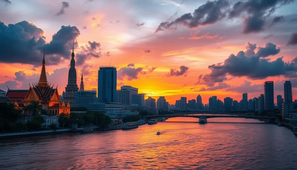 Sunset view of Bangkok skyline with temples and modern buildings illuminated