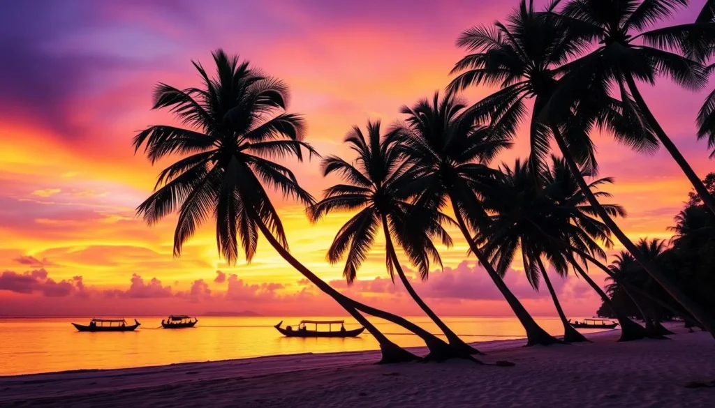 Sunset view of Bocot Island, Philippines with palm trees silhouetted against orange sky Sunset view of Bocot Island, Philippines with palm trees silhouetted against orange sky