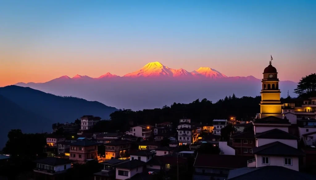 Sunset view of Darjeeling town with Kanchenjunga mountains in background, scenic Darjeeling, West Bengal things to do