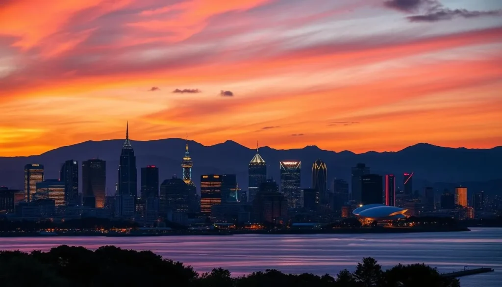 Sunset view of Fukuoka City skyline with Hakata Bay in foreground and mountains in background