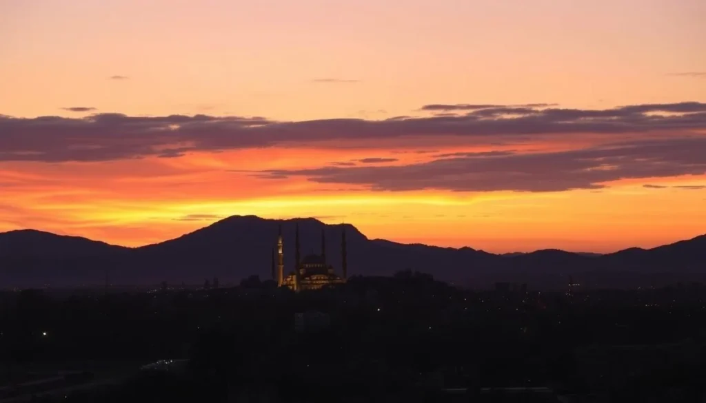 Sunset view of Islamabad with Faisal Mosque silhouette and Margalla Hills