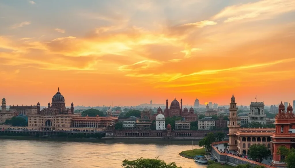 Sunset view of Lucknow's skyline showing a blend of historical monuments and modern buildings along the Gomti River