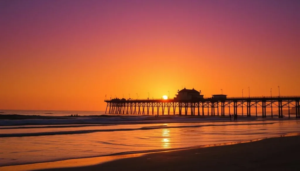 Sunset view of Manhattan Beach pier with golden light reflecting on the ocean and beachgoers enjoying the evening Sunset view of Manhattan Beach pier with golden light reflecting on the ocean and beachgoers enjoying the evening