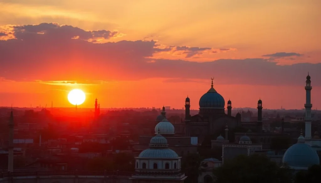 Sunset view of Multan's skyline with illuminated shrines and historic architecture Sunset view of Multan's skyline with illuminated shrines and historic architecture