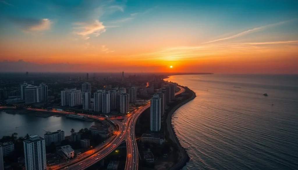Sunset view of Mumbai's skyline with Marine Drive and the Arabian Sea