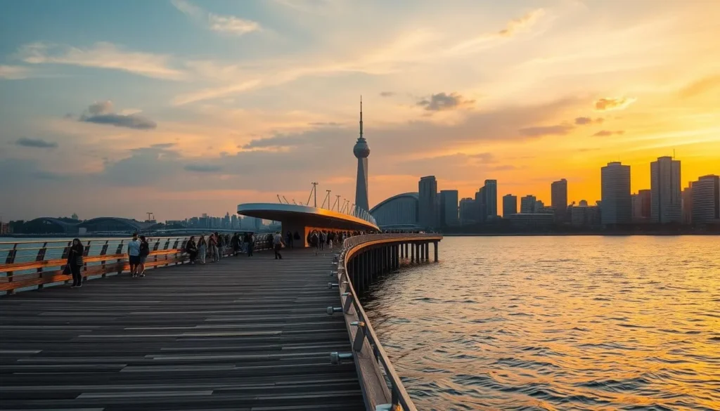 Sunset view of Osanbashi Pier in Yokohama with its modern wooden deck design and the city skyline in the background
