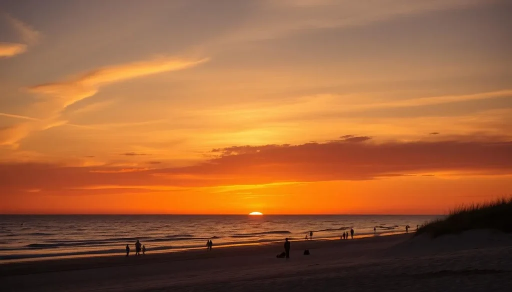 Sunset view of Oval Beach in Saugatuck, Michigan with golden light reflecting on Lake Michigan Sunset view of Oval Beach in Saugatuck, Michigan with golden light reflecting on Lake Michigan