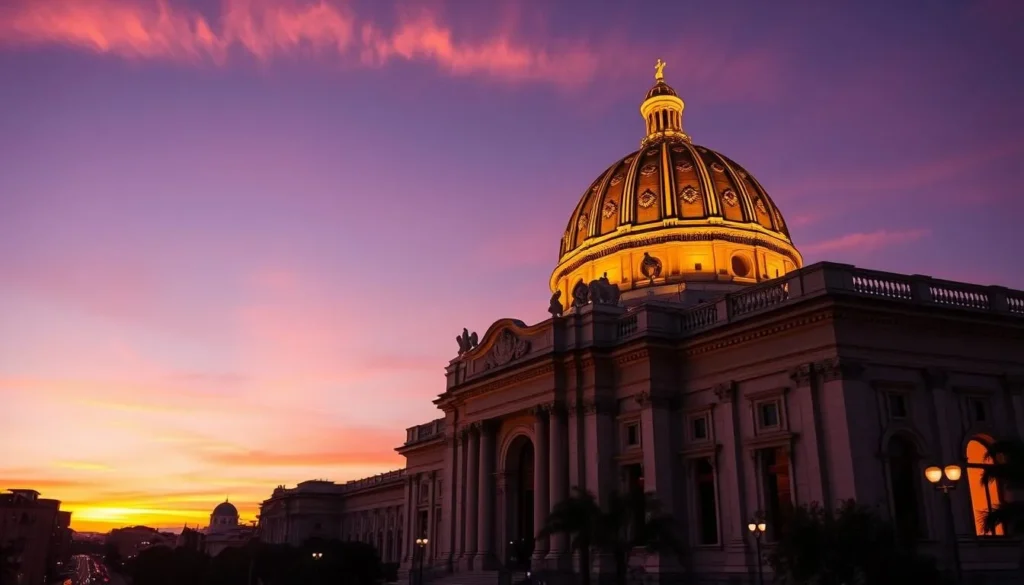 Sunset view of Palacio de Bellas Artes with its golden dome glowing in the evening light