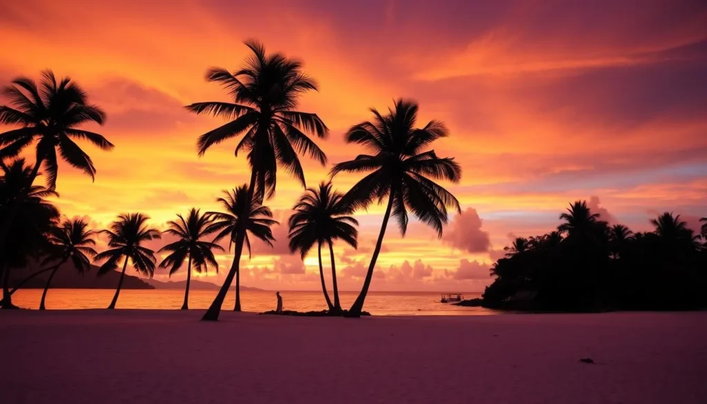 Sunset view of Pamalican Island's beach with silhouetted palm trees Sunset view of Pamalican Island's beach with silhouetted palm trees