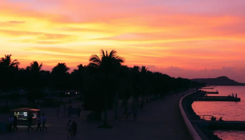 Sunset view of Rizal Boulevard in Dumaguete with palm trees and people strolling