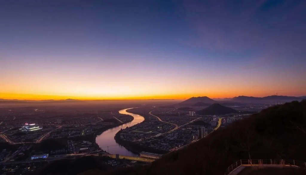 Sunset view of Tokushima City from Mt. Bizan observation deck with the Yoshino River and city lights beginning to twinkle Sunset view of Tokushima City from Mt. Bizan observation deck with the Yoshino River and city lights beginning to twinkle