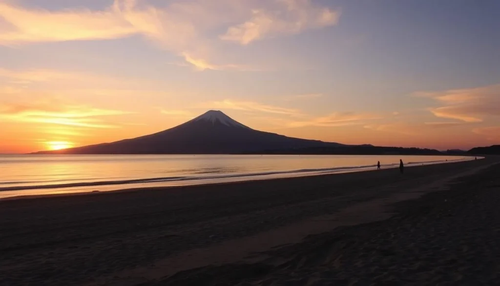 Sunset view of Yuigahama Beach in Kamakura with Mount Fuji visible in the distance Sunset view of Yuigahama Beach in Kamakura with Mount Fuji visible in the distance
