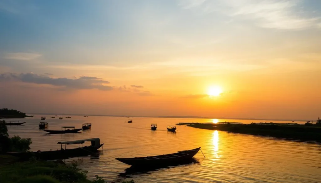 Sunset view of the Brahmaputra River in Jamalpur with traditional fishing boats