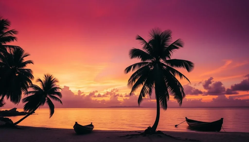 Sunset view over Bantayan Island beach with palm trees silhouetted against orange sky Sunset view over Bantayan Island beach with palm trees silhouetted against orange sky