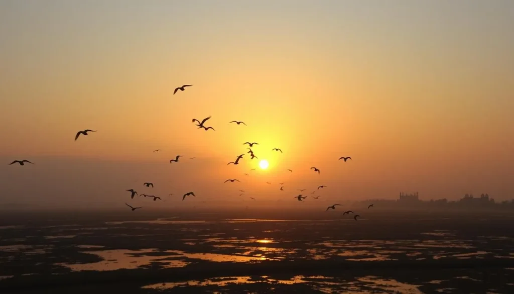 Sunset view over Bharatpur with silhouettes of birds flying over the wetlands Sunset view over Bharatpur with silhouettes of birds flying over the wetlands