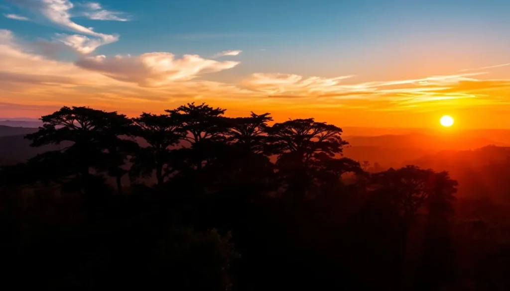 Sunset view over Bhawal National Park with golden light filtering through the trees