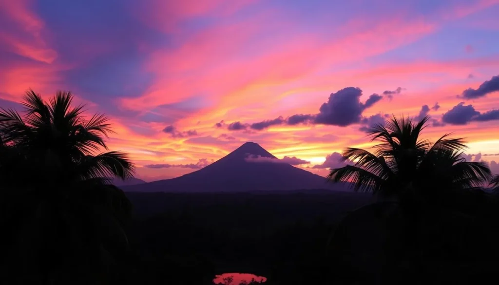 Sunset view over Bicol landscape with Mayon Volcano silhouette, palm trees, and colorful sky reflecting in water Sunset view over Bicol landscape with Mayon Volcano silhouette, palm trees, and colorful sky reflecting in water