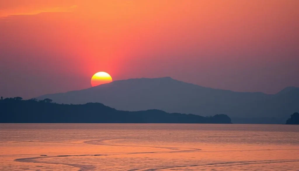 Sunset view over Boga Lake with silhouetted hills