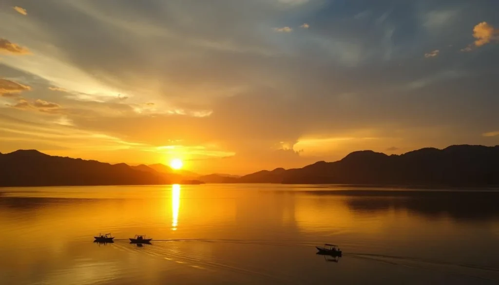 Sunset view over Foy's Lake Bangladesh with silhouettes of hills