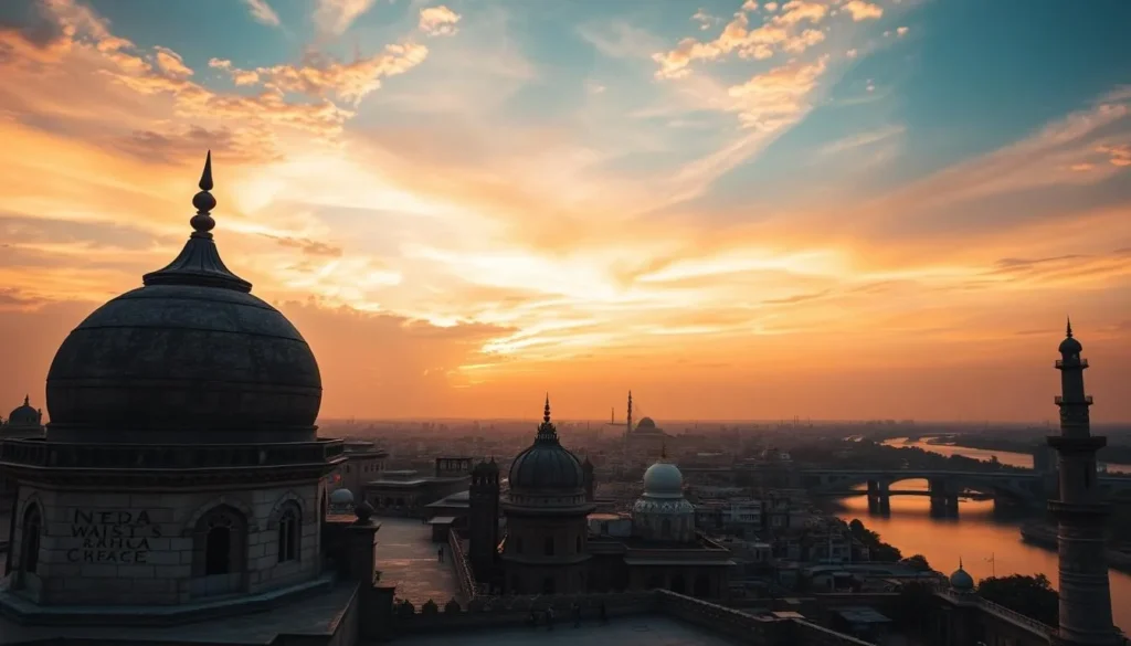Sunset view over Hyderabad Pakistan skyline showing historical monuments