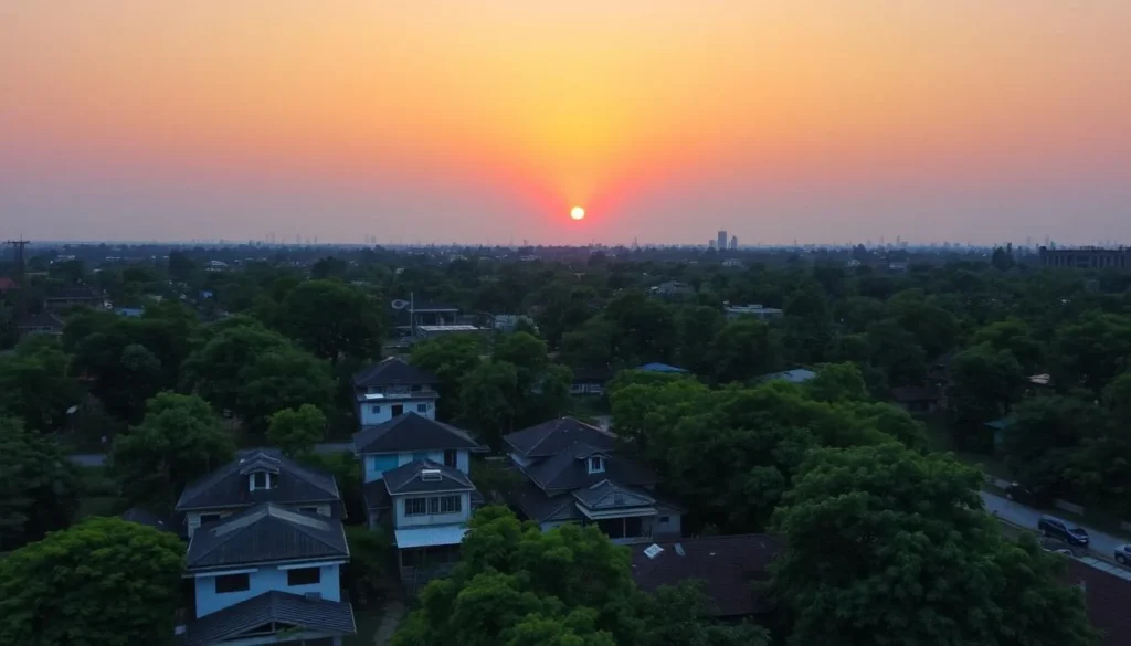 Sunset view over Jessore cityscape with traditional architecture and greenery
