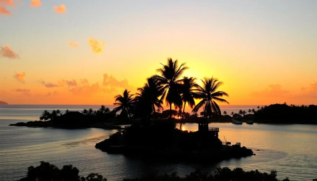 Sunset view over Kabira Bay on Ishigaki Island with turquoise waters and silhouetted palm trees Sunset view over Kabira Bay on Ishigaki Island with turquoise waters and silhouetted palm trees
