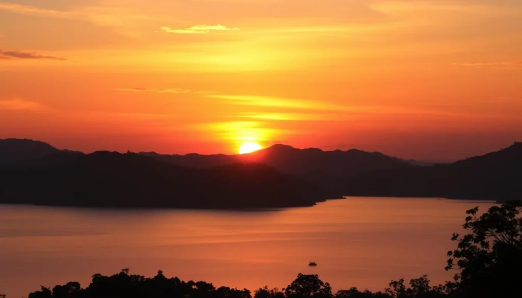 Sunset view over Kaptai Lake from Kaptai National Park showing silhouetted hills and colorful sky Sunset view over Kaptai Lake from Kaptai National Park showing silhouetted hills and colorful sky