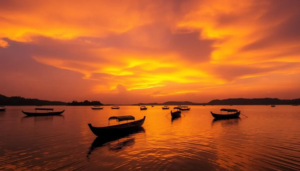 Sunset view over Kaptai Lake in Chittagong Hill Tracts with traditional boats silhouetted against orange sky